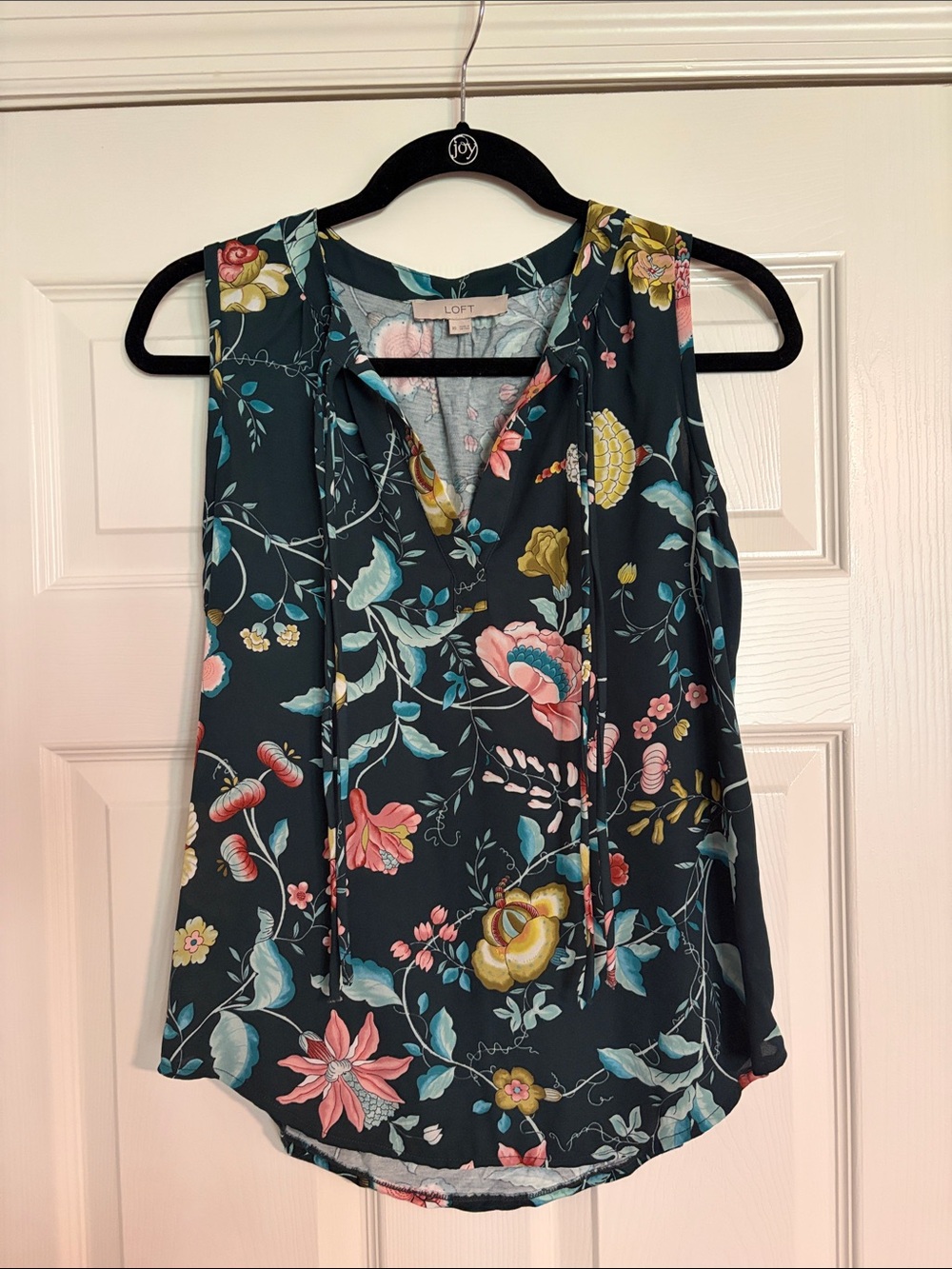 LOFT Navy Floral V-Neck Sleeveless Camisole with Pink & Teal Blooms